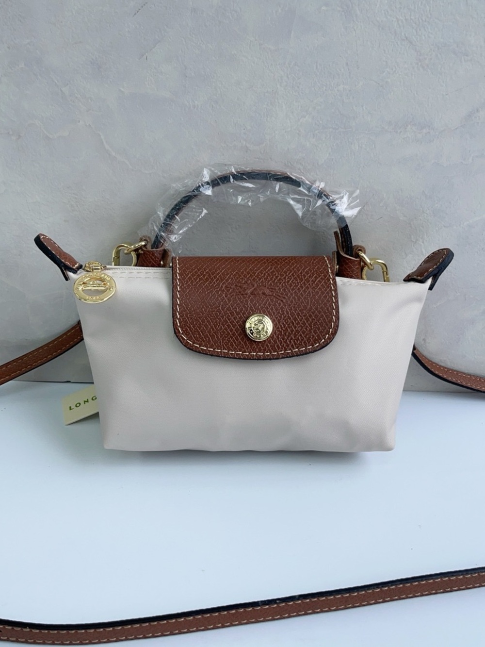 Beige and Brown Crossbody Bag with Leather Trim